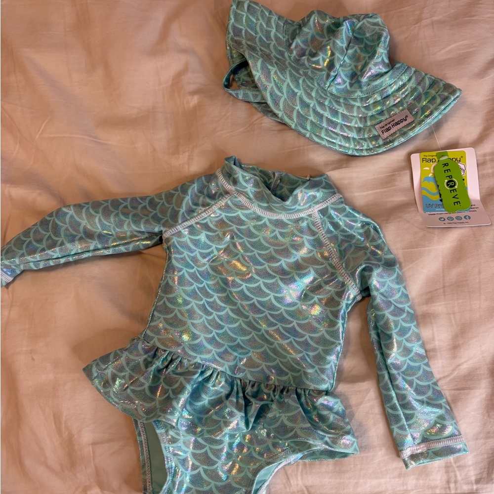 Ruffle Butts Blue Silver Mermaid One piece Swimwear with hat